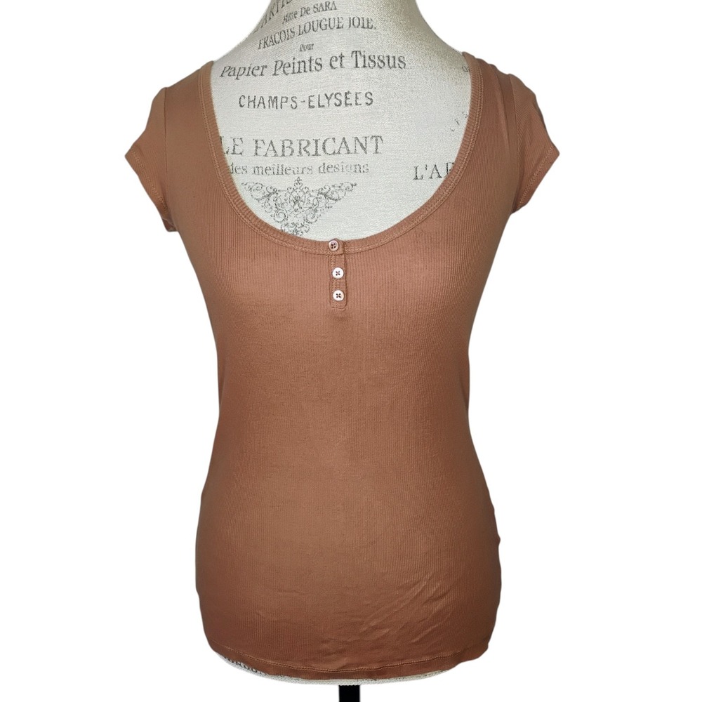 Halogen Y2K Henley Top Brown Womens Small Ribbed‎ Elena Gilbert Grunge